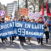 Des manifestants rassemblés devant la Direction des services départementaux de l'Education nationale à Bobigny (Seine-Saint-Denis), le 14 mars 2024. (VALERIE DUBOIS / HANS LUCAS / AFP)