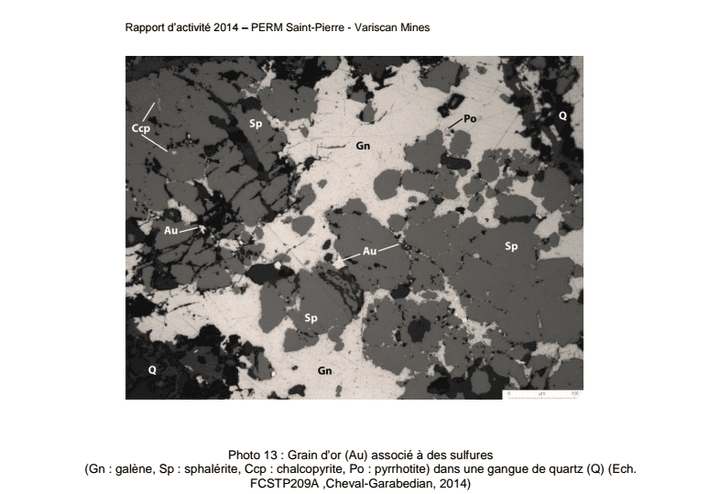 Une photo de grains d'or &agrave; Saint-Pierre-Montlimart (Maine-et-Loire) extraite du rapport 2014 de Variscan. (VARISCAN MINES)