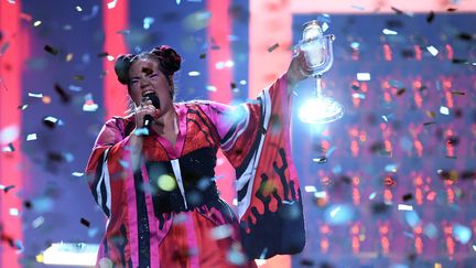 La chanteuse Netta Barzilai remporte l'Eurovision à Lisbonne (Portugal), le 12 mai 2018. (FRANCISCO LEONG / AFP)