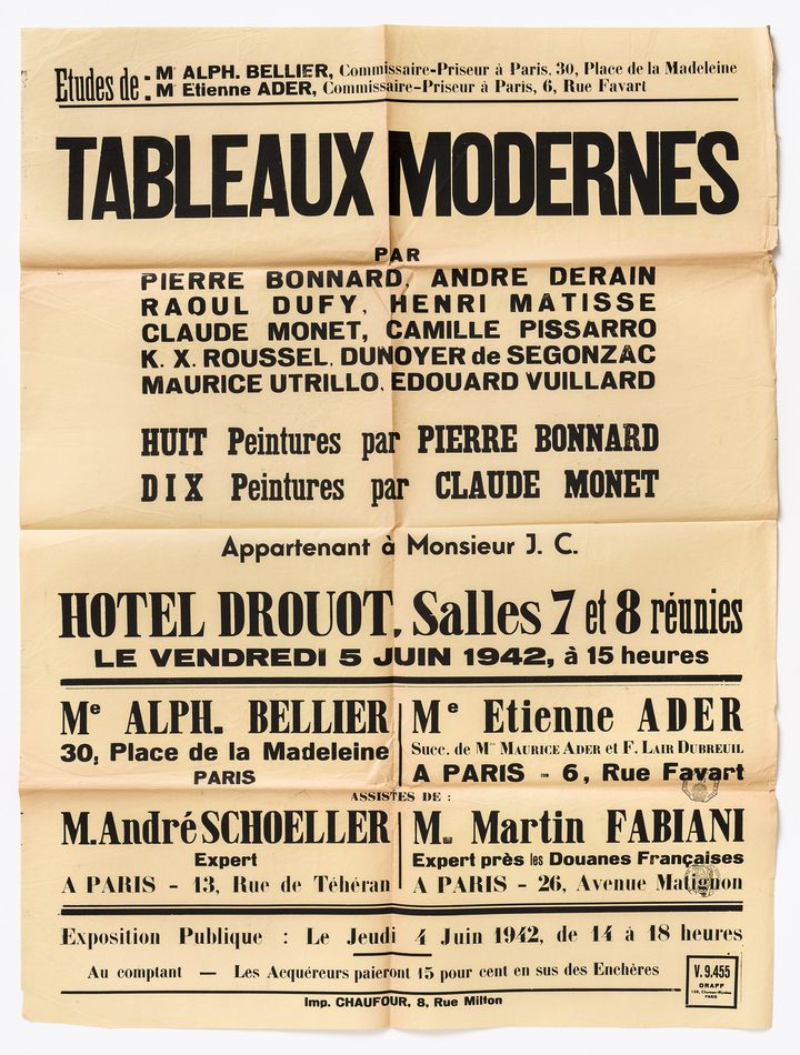 Imprimerie Chaufour, affiche pour la vente de tableaux modernes appartenant à Monsieur J. C. faite à Drouot, Paris, le 5 juin 1942 par le commissaire-priseur Alphonse Bellier, 80 x 60 cm. Paris, bibliothèque de l’INHA, Archives 162. (MICHAEL QUEMENER / INHA)