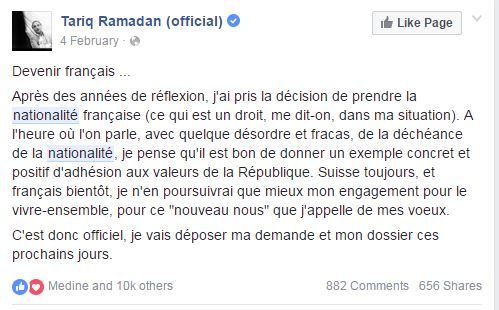 Capture écran du compte Facebook de Tariq Ramadan, effectuée lundi 23 mai. (TARIQ RAMADAN)