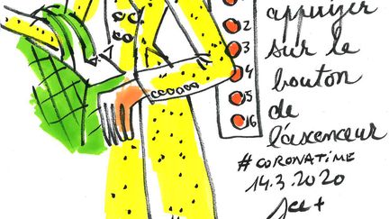 L'ascenseur de Jean Charles de Castelbajac. Toutes nos habitudes ont été bouleversées et cela nous force à retrouver notre esprit d'enfant, improviser, réinventer, utiliser notre corps autrement. (JCDC)