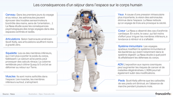 Voici quelques conséquences d'un vol spatial sur l'organisme. (FRANCEINFO / SIPA)