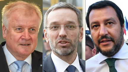 De gauche à droite, les ministres&nbsp;de l'Intérieur allemand (Horst Seehofer), autrichien (Herbert Kickl) et italien (Matteo Salvini). (CHRISTOF STACHE / HERBERT NEUBAUER / Andreas SOLARO / AFP / APA)