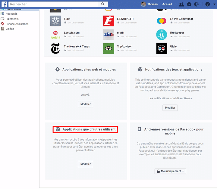 Cliquer sur "Applications que d'autres utilisent" pour contrôler les données auxquelles les applications et sites utilisés par vos amis ont accès. (FACEBOOK.COM)