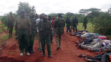 22 novembre 2014: les forces de sécurité kenyanes sur le lieu d'une attaque menée par les shebabs somaliens à environ 50 kilomètres de Mandera, ville située près de la frontière entre le Kenya et la Somalie. ( AFP PHOTO / STRINGER)