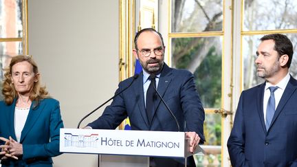 La ministre de la Justice, Nicole Belloubet, le Premier ministre, Ecouard Philippe, et le ministre de l'Intérieur, Christophe Castaner, le 18 mars 2019 à l'hôtel Matignon, à Paris. (BERTRAND GUAY / AFP)