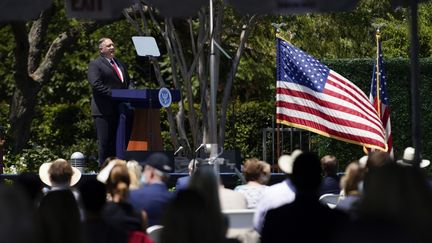 Le chef de la diplomatie américaine Mike Pompeo, jeudi 23 juillet 2020 à Yorba Linda (Etats-Unis). (ASHLEY LANDIS / AFP)