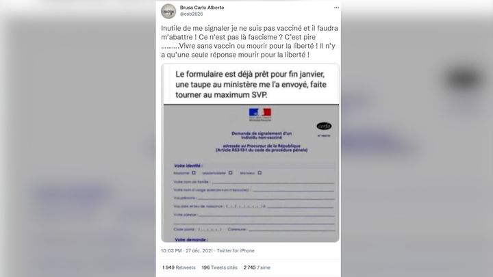 Capture d'écran d'un tweet de l'avocat Carlo Brusa. (CAPTURE ECRAN - TWITTER)