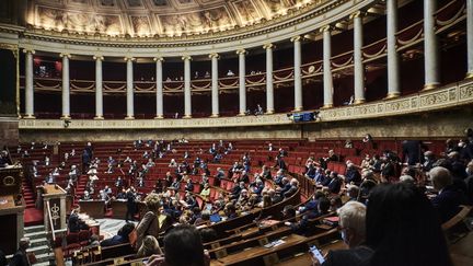 L'hémicycle de l'Assemblée nationale, le&nbsp;13 avril 2021 à Paris, lors d'une séance de questions au gouvernement. (ANTONIN BURAT / HANS LUCAS)