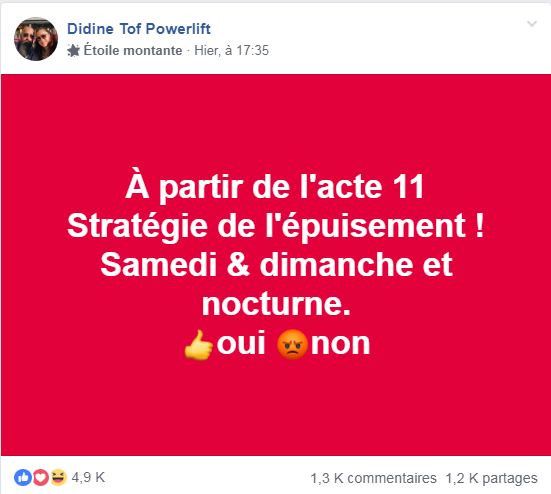 Un appel à manifester durant la nuit de samedi 26 à dimanche 27 janvier, posté sur Facebook le 20 janvier 2019. (FACEBOOK)