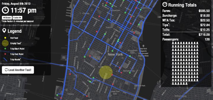 &nbsp; ("Une journée dans la vie d’un taxi new yorkais", la carte interactive de Chris Whong © Capture d'écran)