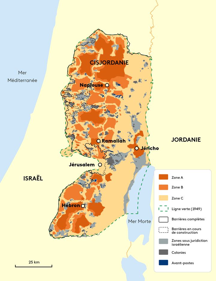 Map of the occupied West Bank.  (PAULINE LE NOURS / FRANCEINFO)