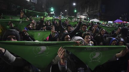 Des manifestants militent pour la légalisation de l'avortement en Argentine, le 9 août 2018, à Buenos Aires.&nbsp; (EITAN ABRAMOVICH / AFP)