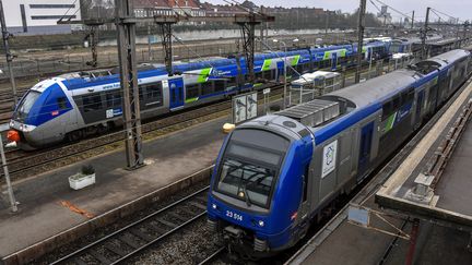 Deux TER en gare de Hazebrouck, dans le département du Nord (PHILIPPE HUGUEN / AFP)