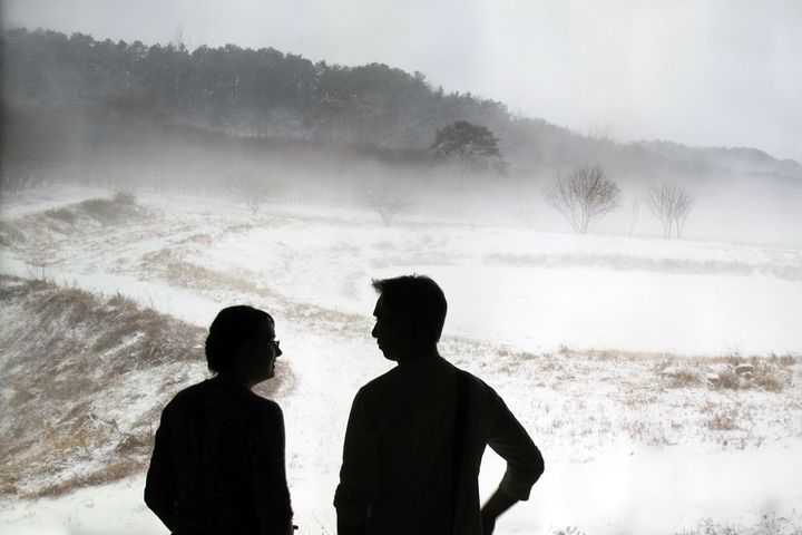 Visiteurs devant un très grand format d&#039;une photographie d&#039;Ahae
 (Laurence Houot / Culturebox)