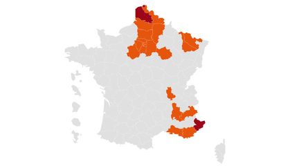 Carte des départements en surveillance renforcée ou confinés partiellement (FRANCEINFO)