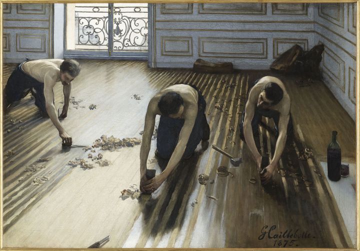 "Parketthobel" (Ausschnitt) Oleh Gustave Caillebotte, 1875. Katzen-Minyak auf Leinwand, 102 x 145 cm. Paris, Musée d'Orsay. (RMN MUSEE D'ORSAY / FRANCK RAUX)