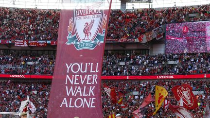 Un drapeau de Liverpool, lors d'un match au stade de Wembley, à Londres, en mai 2022. (ACTION FOTO SPORT / NURPHOTO)