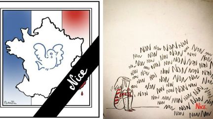 Des dessinateurs de presse ont rendu hommage aux victimes de l'attentat de Nice (Alpes-Maritimes), le 15 juillet 2016. (PLANTU / LOUISON / SWAHA / TWITTER)