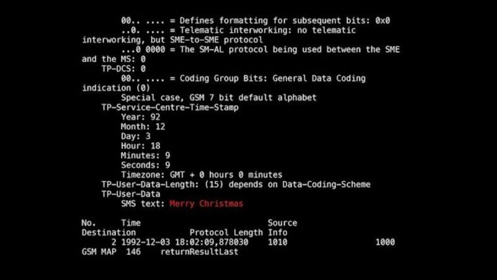 Replica del protocollo di comunicazione del primo SMS al mondo, inviato il 3 dicembre 1992. (AGUTTES.COM)