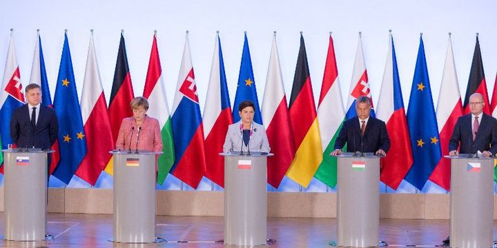 26 août 2016 à Varsovie. Sommet des membres de Visegrad, Bohuslav Sobotka, Robert Fico, Viktor Orban) avec Angela Merkel. (Mateusz Wlodarczyk / NurPhoto)