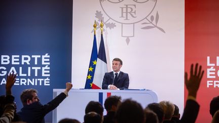 Emmanuel Macron, January 16, 2024, during a press conference at the Élysée, in Paris.  (CHRISTOPHE PETIT TESSON / MAXPPP)