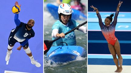 Earvin Ngapeth, Angèle Hug et Simon Biles aux Jeux olympiques de Paris, le 5 août 2024. (AFP)