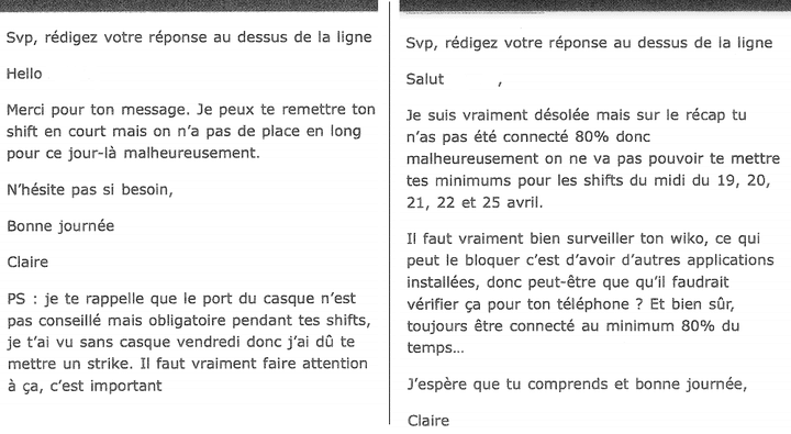 Des échanges entre un ancien livreur de Take Eat&nbsp;Easy et la centrale, datés de juin 2016. (FRANCEINFO)