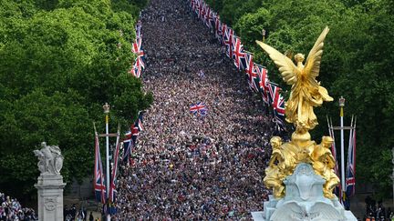 Le public présent sur l'avenue du Mall à Londres,&nbsp;&nbsp;la grande artère menant au palais de Buckingham, le 2 juin 2022 (PAUL ELLIS / AFP)