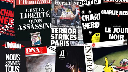 Des unes de journaux dat&eacute;s du 8 janvier 2015, au lendemain de l'attentat meurtrier perp&eacute;tr&eacute; au si&egrave;ge du journal "Charlie Hebdo" &agrave; Paris. (  FRANCETV INFO )