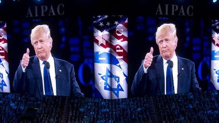 Donald Trump s'adressant à l'AIPAC, le principal lobby israélien aux Etats-Unis, le 21 mars 2016, alors qu'il n'est encore que candidat. (SAUL LOEB/AFP)