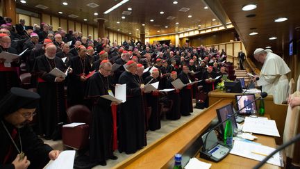 La pape François s'adresse aux cardinaux, le 23 février 2019, lors d'un sommet au Vatican pour "prévenir les abus contre les mineurs et les adultes vulnérables". (HANDOUT / VATICAN MEDIA / AFP)