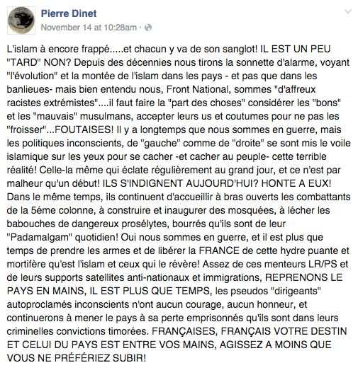 Message publié sur le compte Facebook de Pierre Dinet, le 14 novembre 2015. (FACEBOOK)