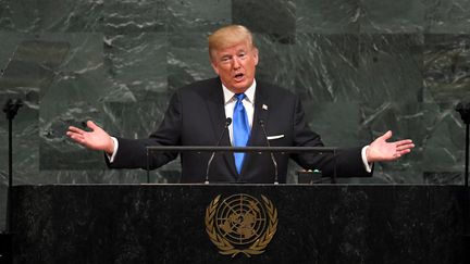 Le président américain Donald Trump s'adresse aux dirigeants du monde réunis lors de l'Assemblée générale de l'ONU, mardi 19 septembre 2017 à New York. (TIMOTHY A. CLARY / AFP)