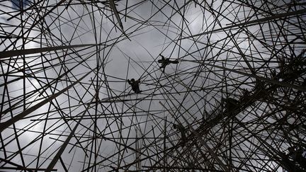 Des professionnels de l'escalade travaillent &agrave; l'installation d'une oeuvre d'art compos&eacute;e de plus de 10 000 bambous au mus&eacute;e d'Isra&euml;l &agrave; J&eacute;rusalem (Isra&euml;l), le 12 mai 2014. (RONEN ZVULUN / REUTERS)