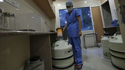 Une embryologiste vérifie un récipient d'embryons congelés. 
 
Les techniques d’implantations se sont énormément développées en Inde, depuis leur légalisation en 2002. (REUTERS / Mansi Thapliyal)