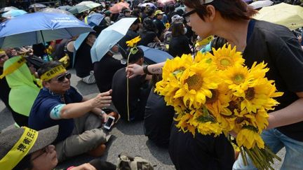 Distribution de tounesols devant le Palais présidentiel à Taipei, le 18 mars 2014, pour protester contre un accord commercial signé par le président Ma Ying-jeou avec la Chine.  (SAM YEH / AFP)