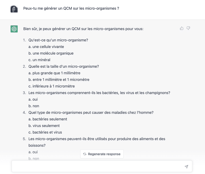 La réponse de ChatGPT lorsqu'on lui demande de générer un QCM sur les micro-organismes. (CAPTURE D'ECRAN / FRANCEINFO)