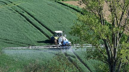 Un agriculteur traite ses champs, à Villefranche-de-Lauragais (Haute-Garonne), le 17 avril 2018.&nbsp; (REMY GABALDA / AFP)