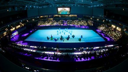 La salle de l'Ali Bin Hamad al-Attiyah Arena de Doha accueillant la cérémonie d'ouverture des Mondiaux de judo, le 8 mai 2023. (MOHAMMED DABBOUS / AFP)