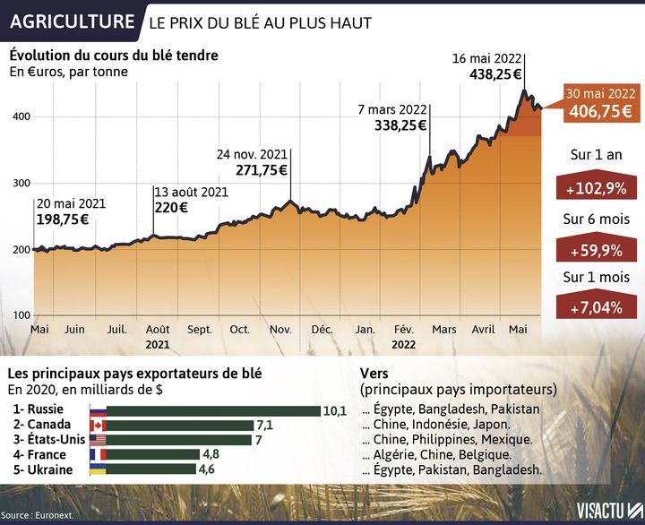 Fin mai 2022, le cours du blé tendre était au-dessus des 400 euros la tonne, à 406,75 euros la tonne au 30 mai 2022. (VISACTU)