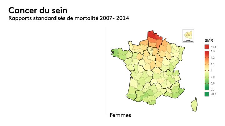 La carte de la surmortalité des cancers du sein en France entre 2007 et 2016 (rapports standardisés, source : Santé publique France). (FRANCEINFO)