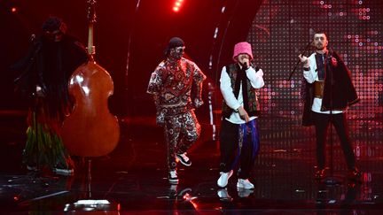 les Ukrainiens de "Kalush Orchestra" participent à la finale du concours de l'Eurovision 2022.&nbsp; (MARCO BERTORELLO / AFP)