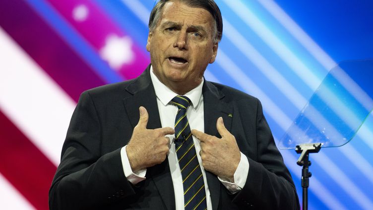 Former Brazilian President Jair Bolsonaro speaks at a political conference on March 4, 2023, in National Harbor (Maryland, United States).  (CNP/NEWSCOM/SIPA)