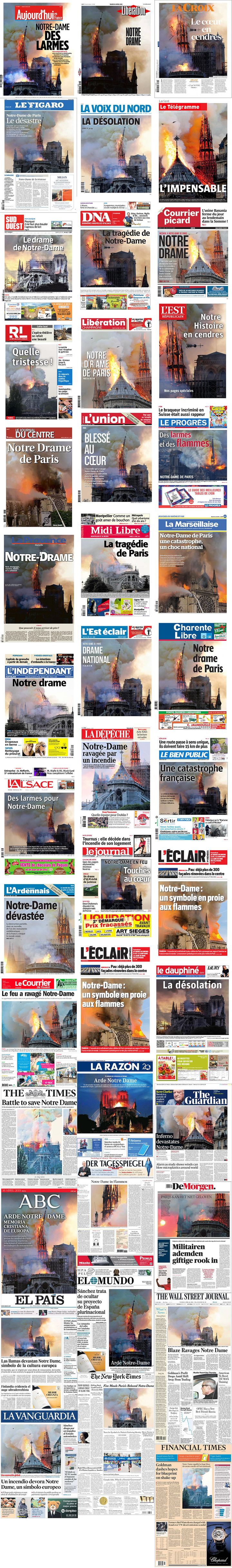 Les unes de la presse française et internationale au lendemain de l'incendie de Notre-Dame de Paris, le 16 avril 2019. (FRANCEINFO)