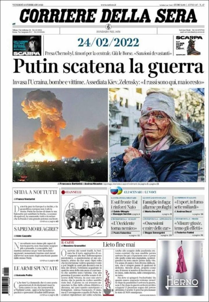 The front page of the Italian daily "Corriere della Sera" dated February 25, 2022. (CORRIERE DELLA SERA)