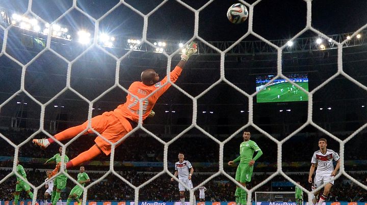 Ra&iuml;s M'Bolhi&nbsp;effectue une parade lors du huiti&egrave;me de finale contre l'Allemagne, le 30 juin 2014, &agrave; Porto Alegre (Br&eacute;sil). (PATRIK STOLLARZ / AFP)