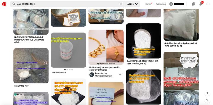 Capture d’écran de Pinterest montrant des offres pour le précurseur du fentanyl 4-AP, maintenant contrôlé aux États-Unis, le 3 mars 2020. (PINTEREST / FORBIDDEN STORIES)