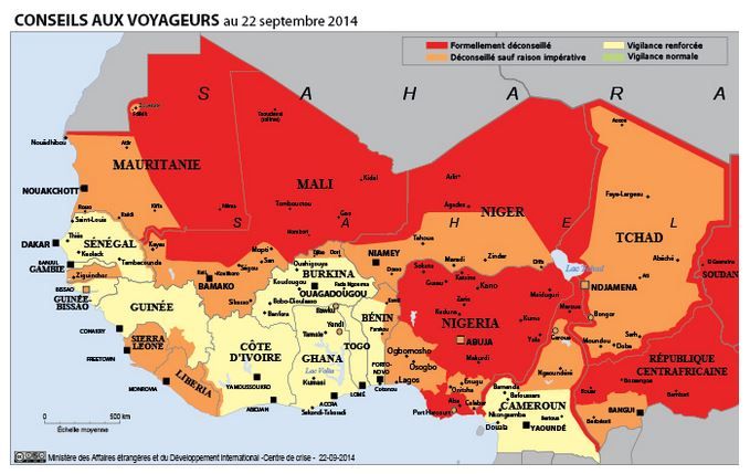 Capture d'&eacute;cran de la carte publi&eacute;e sur le site du Quai d'Orsay le 22 septembre 2014.&nbsp; (MINISTERE DES AFFAIRES ETRANGERES ET DU DEVELOPPEMENT INTERNATIONAL)